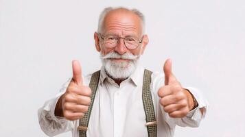 An old man with a beard and glasses giving a thumbs up photo