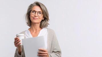 A woman with glasses holding a paper and a cup of coffee photo