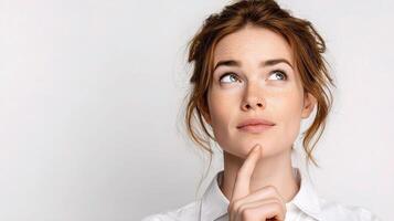 A woman is looking up at the sky with her hand on her chin photo
