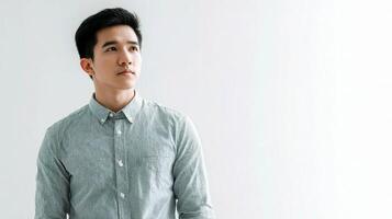 A man in a shirt standing against a white wall photo