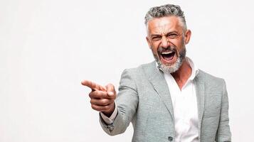A man in a suit yelling at something photo