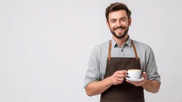 A smiling man in an apron holding a cup of coffee photo