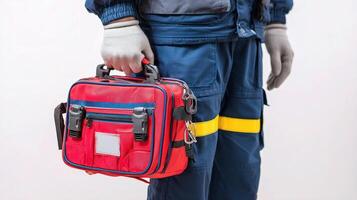 A man in a blue uniform holding a red bag photo
