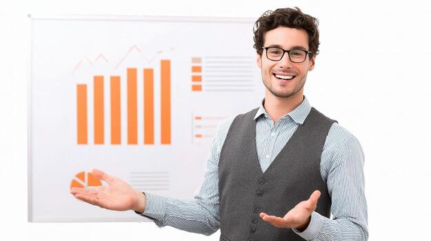 A man in glasses and vest is holding up a whiteboard with a graph on it photo