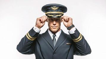 A man in a pilot uniform is adjusting his hat photo