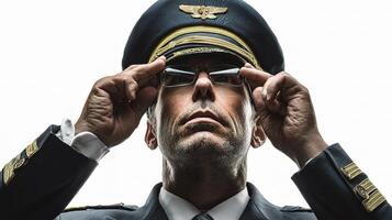 A man in a military uniform is looking at his glasses photo