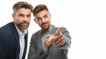 Two men pointing at something photo