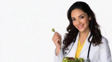 A woman in a white coat holding a salad photo