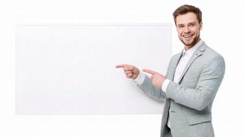 A man in a suit pointing at a blank board photo