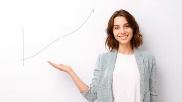 A woman is holding up a graph on a whiteboard photo