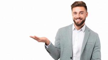 A man in a suit is holding something up photo