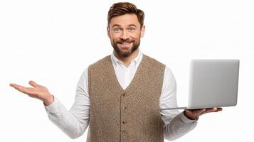 A man with a beard and vest is holding a laptop photo