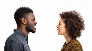 A man and woman are facing each other photo