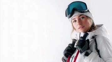 A woman in a ski jacket and goggles photo