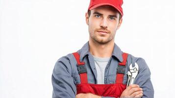 A man in a red hat and overalls holding a wrench photo