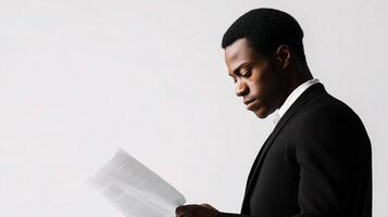A man in a suit reading a book photo