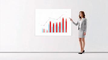 A woman in a business suit is pointing at a graph photo
