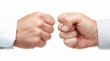Two men fist fighting on white background photo