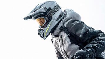 A person wearing a helmet and a jacket on a snowboard photo