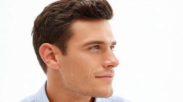 A man with a short hair cut looking to the side photo