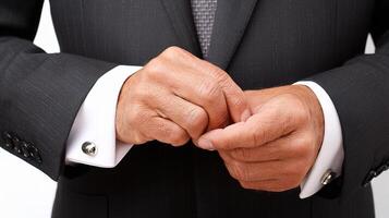 A man in a suit is adjusting his cuff links photo