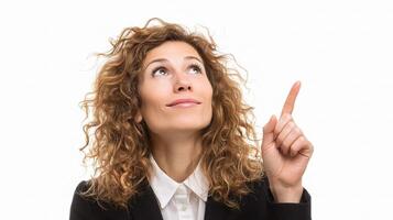 A woman with curly hair pointing up photo