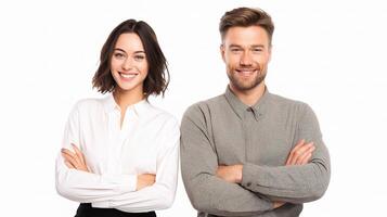 A man and woman standing together with their arms crossed photo