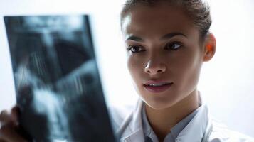 A woman in a white coat is looking at an x - ray photo