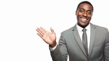 A smiling black man in a suit and tie waving photo