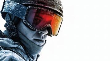 A man wearing goggles and a helmet in the snow photo