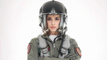 A woman in a pilot's uniform with her arms crossed photo