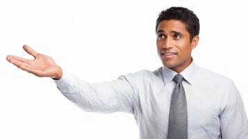 A man in a shirt and tie is pointing at something photo