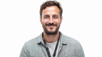 A man with a beard and a grey shirt is smiling photo