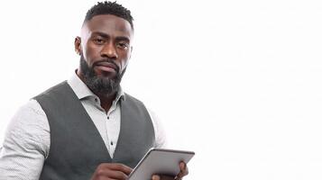 A man with a beard and vest holding a tablet photo