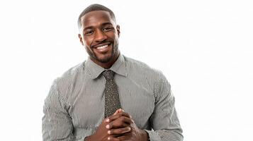 A man in a shirt and tie smiling photo