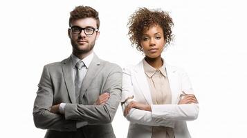 Two people in business attire standing together photo