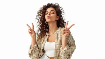 A woman with curly hair and a peace sign photo