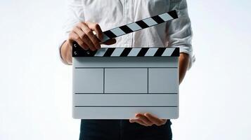 A person holding a clapper board over a white background photo