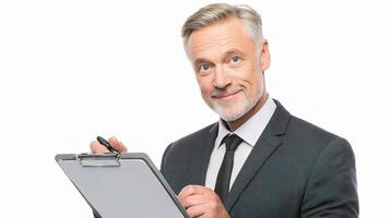 A man in a suit holding a clipboard photo