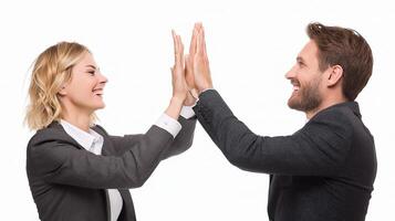 Two business people giving each other high five photo