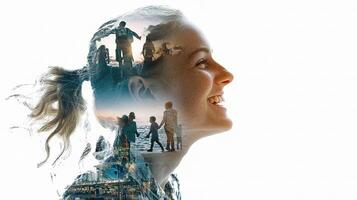A woman's face is shown with a photo of a city skyline