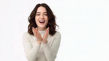 A woman is clapping her hands and smiling photo