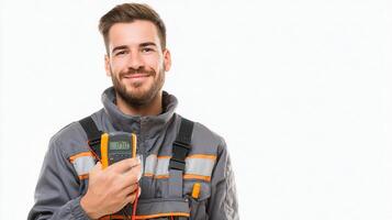 A man in a work uniform holding an electronic device photo