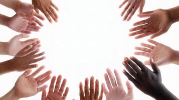 Many hands in a circle with white background photo