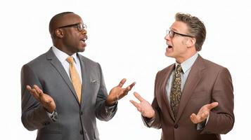 Two men in suits talking and gesturing photo