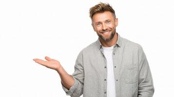 A man is holding something up in front of him photo