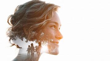 A woman's face is shown with a tree in the background photo