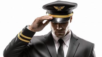A man in a suit and tie is adjusting his hat photo