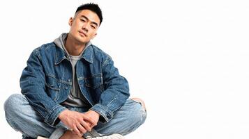 A man sitting on the floor wearing a denim jacket photo