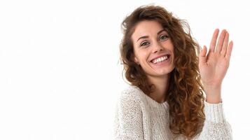 A woman is waving her hand up in the air photo